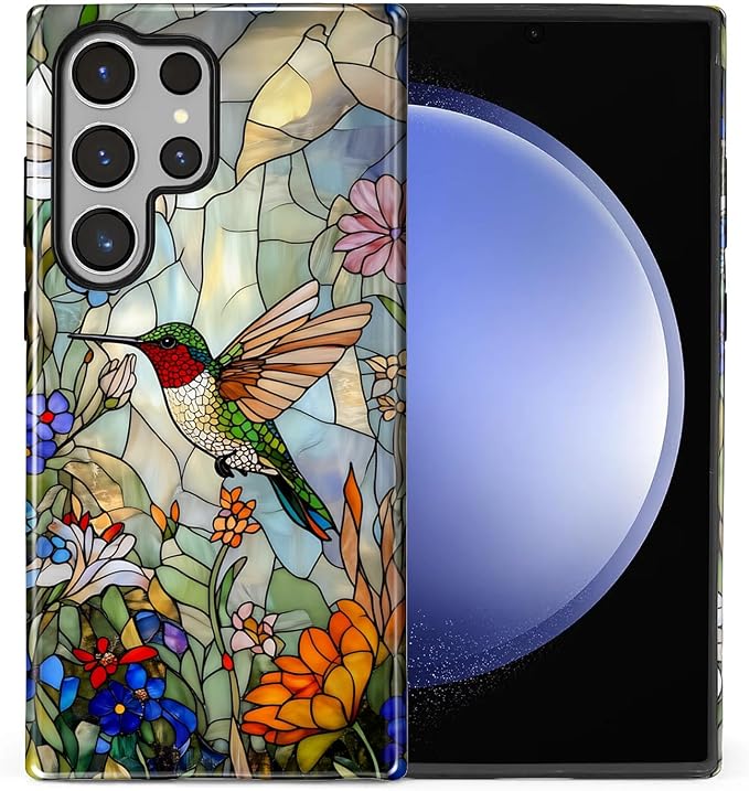 for Samsung Galaxy S24 Ultra Case, Hummingbird Wildflower Stained Glass Pattern by Teonvpu