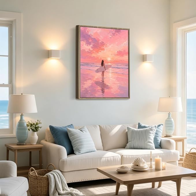 Framed Pink Sunset Surfer Girl Canvas Wall Art Soft Pastel Beach Seascape - Image 6
