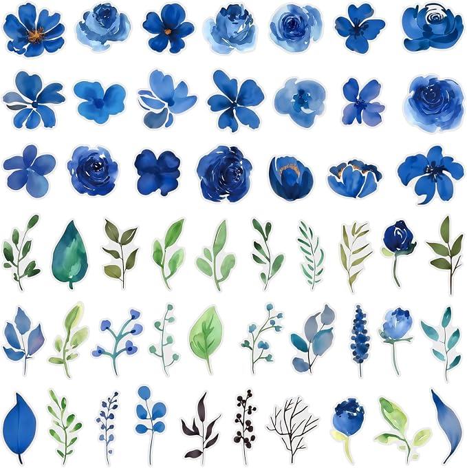 50PCS Blue Watercolor Flower PET Stickers, Waterproof Botanical Stickers - Image 4