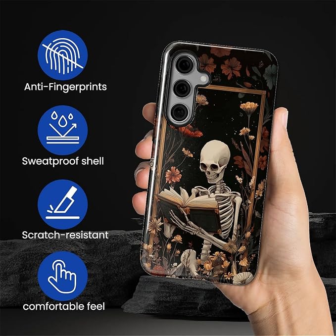 Case for Samsung Galaxy S24 Case, Skeleton Reader Goth Floral Design Hybrid - Image 3
