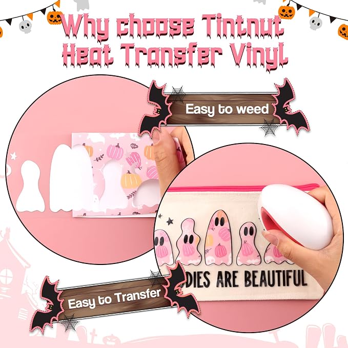 Tintnut Pink Halloween Heat Transfer Vinyl, pumpkins & bats patterned HTV - Image 3