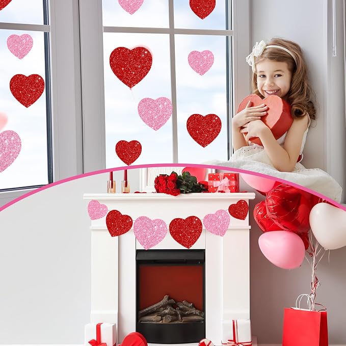 JarThenaAMCS 45Pcs Valentine' s Day Paper Cutouts Red Pink Glitter Heart Shape - Image 6