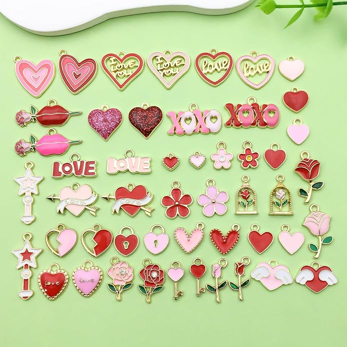Valentine's Day Heart Charms Set, Decorative Rose and Flower Designs - Image 2