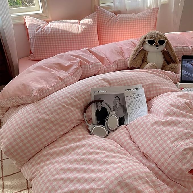 Nayoroom Pink Gingham Duvet Cover King Size Reversible Plaid Checkered Duvet - Image 2
