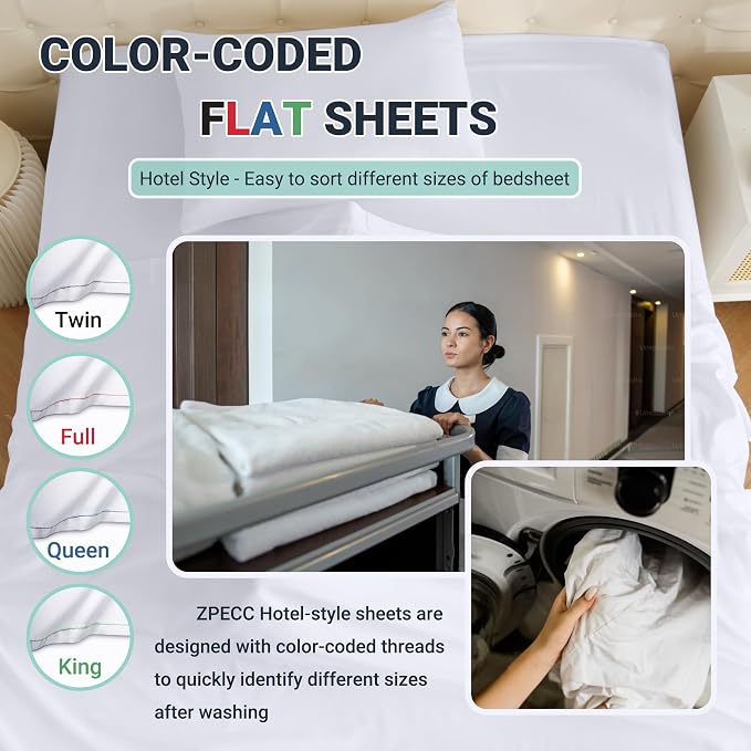 ZPECC White Bulk Flat Sheets Only Queen Size 6 Pack, Easy Sort Top Bed Sheet by - Image 3