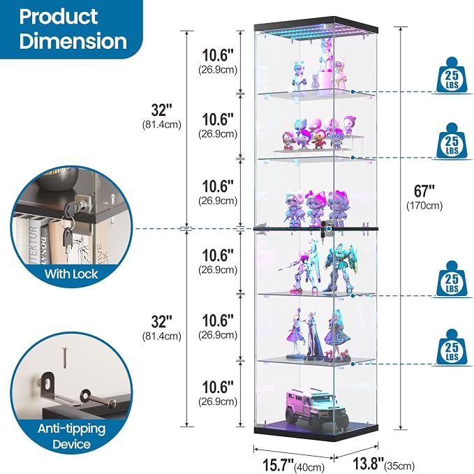 Dystler 6-Tier Glass Display Cabinet, RGB LED Lights & Lock | 66.9" Display Case - Image 2
