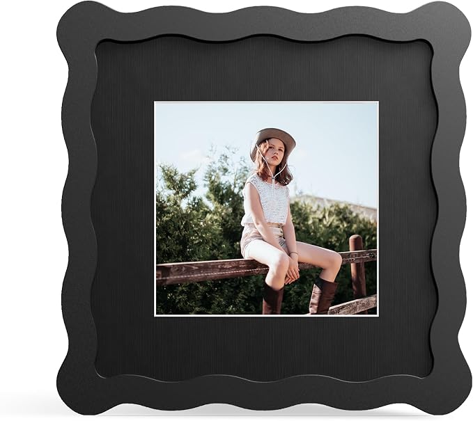 6x6 Picture Frame with Mat for 4x4, Wavy Edge Wooden Real Glass Photo Frame for by THKRLOF