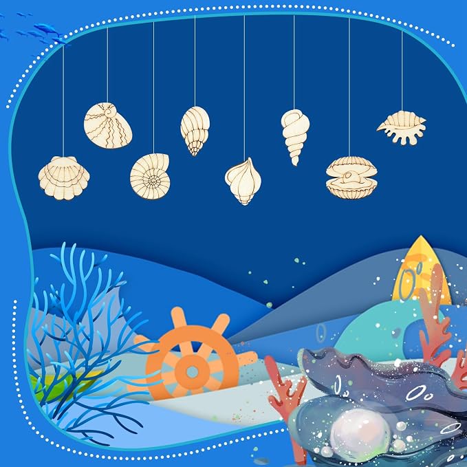200 pcs Mixed Styles Sea Shell Theme Unfinished Wooden Cutout Charms Conch - Image 7