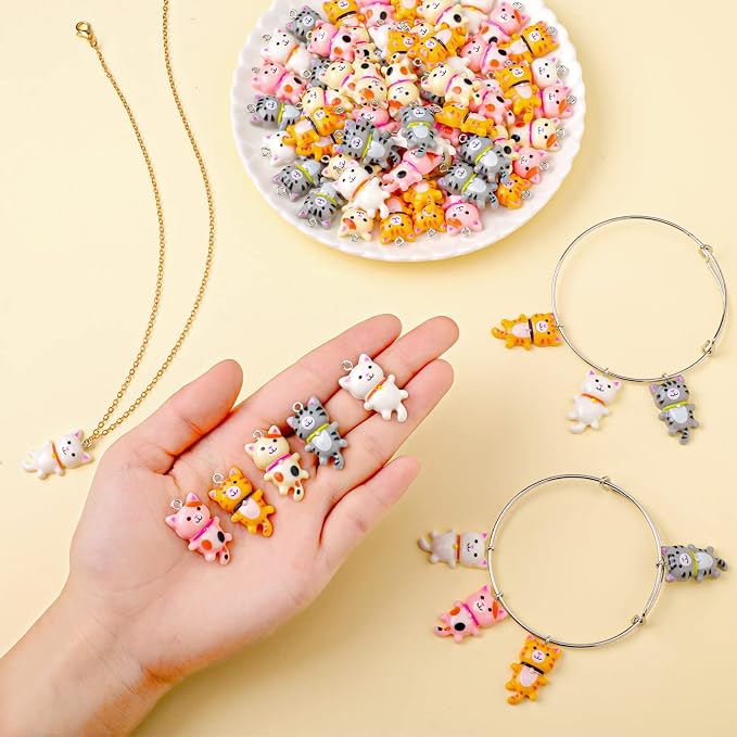 Funtery 80 Pieces Cat Charms for Jewelry Making Resin Cat Pendant Charms Mixed - Image 3