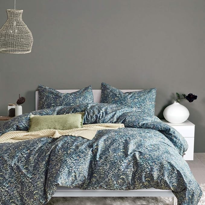 mixinni Blue Floral Duvet Cover King Size Cotton Flowers Pattern King Bedding by mixinni
