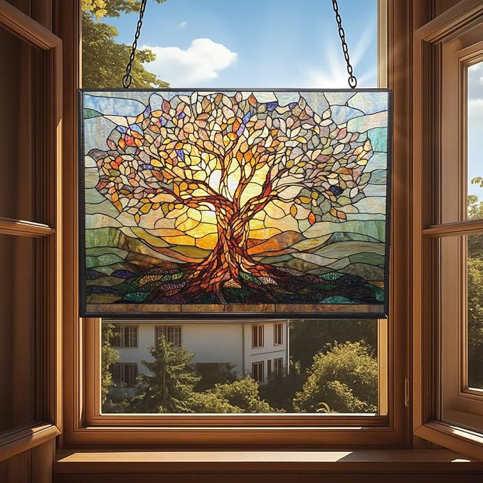 Retangle Art Nouveau Tree of Life Stained Glass Window Hanging Window - Image 4