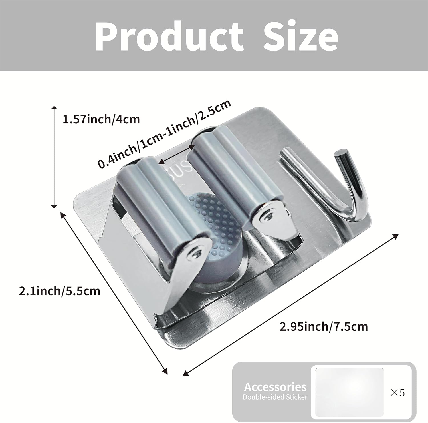 5 Pack Mop and Broom Holder Wall Mount, Silver Stainless Steel Mop and Broom Hanger with Hooks, Mop Broom Organizer for Closet Laundry Garage Garden Tool Organizer