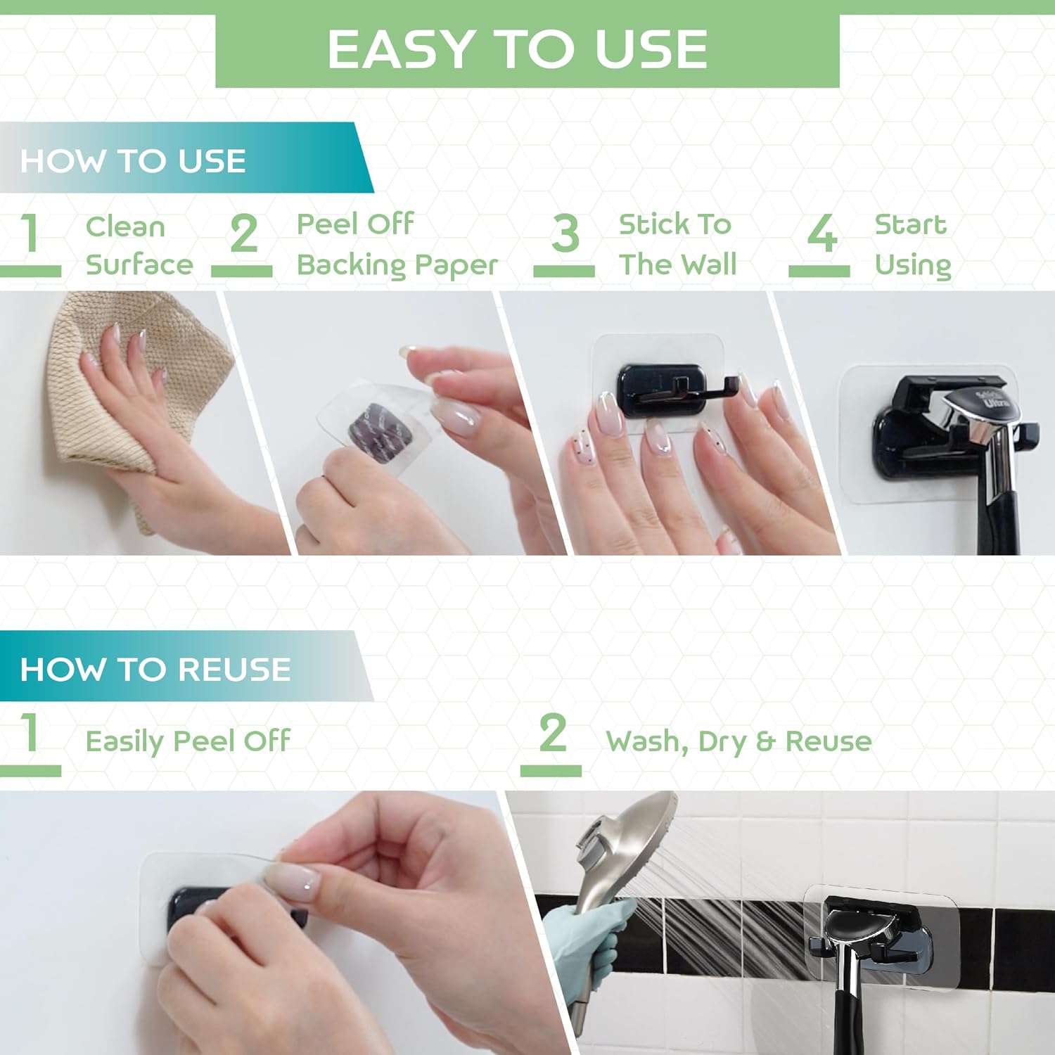 Hook LAB Self-Adhesive Shower Razor Holder, 2-Pack, Removable & Reusable Waterproof Hooks, for Towels, Bath Accessories, Kitchen & Bathroom Use - Black