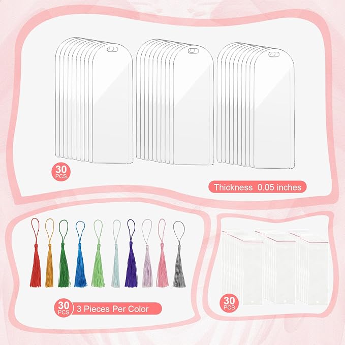 90Pcs Acrylic Bookmark Blanks Kit-30 Set Clear Acrylic Bookmarks 6" x 2" - Image 6