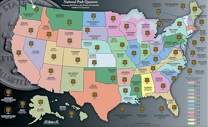 Whitman Coin Collector’s Board Traditional Coin Map US National Parks Quarter - Image 3