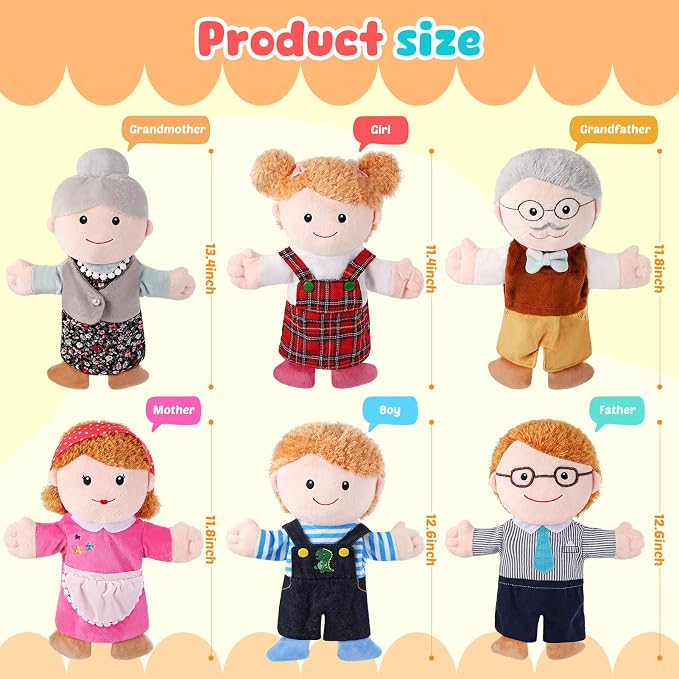 6 Pcs Family Hand Puppets 12 Inch Grandparents, Mom & Dad, Brother & Sister - Image 2