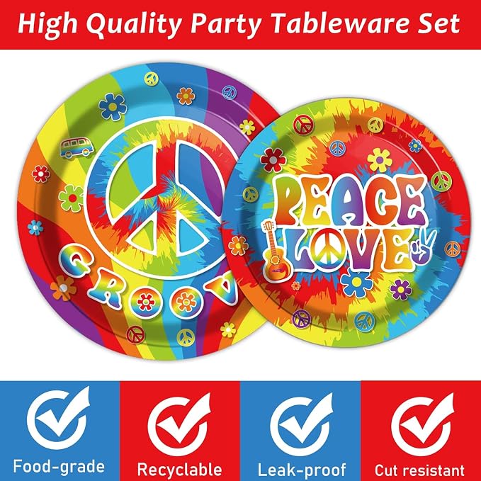 200pcs 60's Hippie Party Plates Napkins Groovy Paper Tableware Set Tie Dye Cake - Image 3