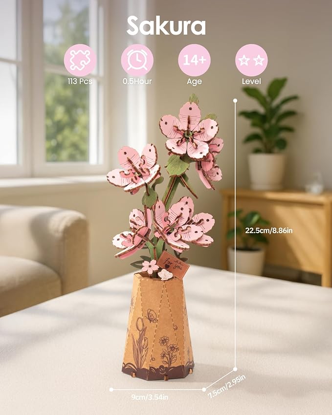 Rowood 3D Puzzles for Adults, DIY Wooden Cherry Blossom Bonsai Tree Botanical - Image 3