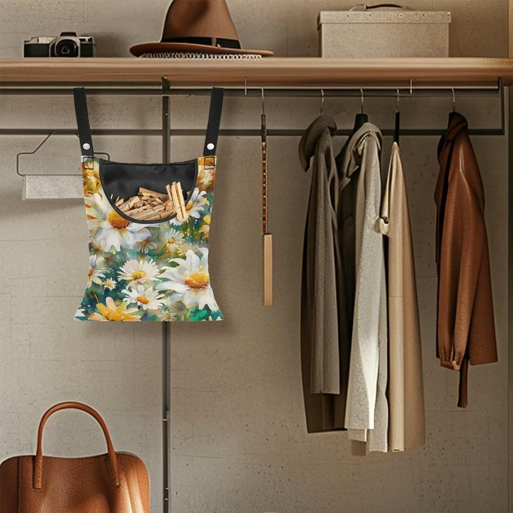 Daisy Clothespin Organizer Bag Shell Beach Clothespin Bags with Hanging Hook Waterproof Clothes Pin Storage Organizer with Large Opening Clothespin Bag for Clothesline Outdoor