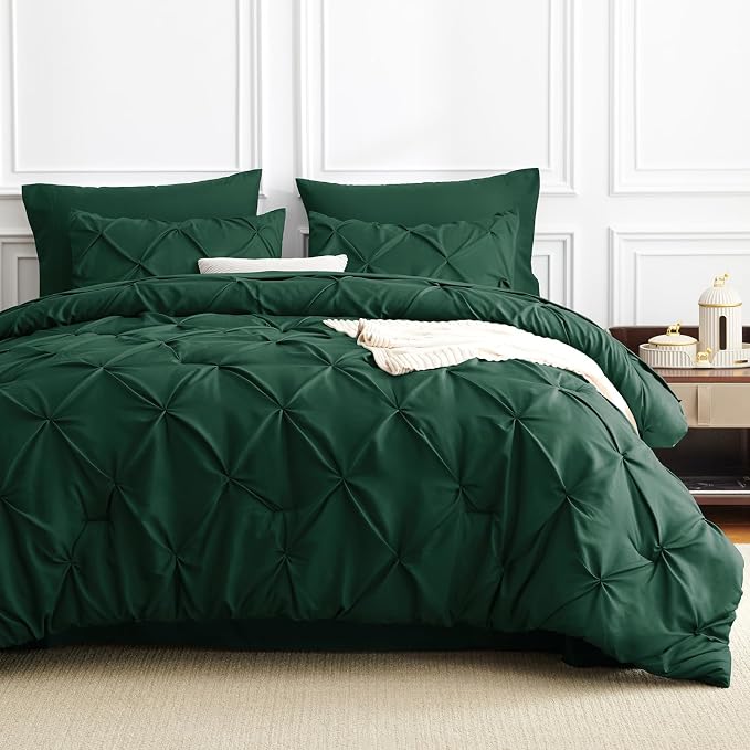 HIMEET Pintuck Bed in a Bag, 7 Pieces Queen Size Comforter Set Emerald Green - Image 9