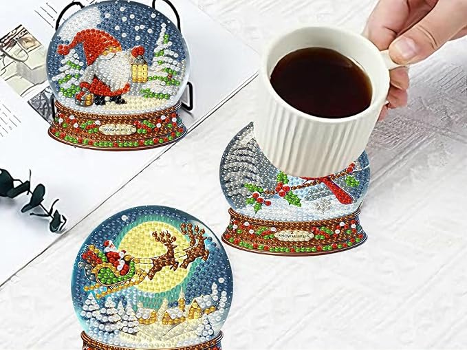 8 PCS Christmas Diamond Art Coasters Kits Snowball Diamond Painting Coaster | - Image 8