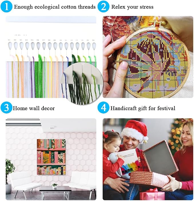 gganmtere Books Stamped Cross Stitch Kits, DIY Bookshelf Cross Stitch Ornament - Image 7
