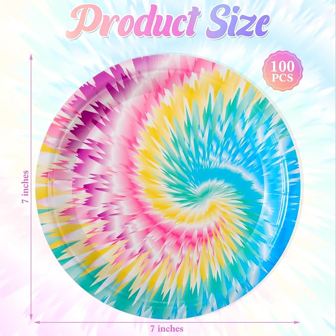 Domensi 100 Pack Tie Dye Paper Plates 7 Inch Rainbow Disposable Dessert Plates - Image 2