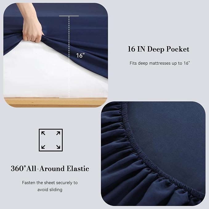 King Sheet Set 4 Piece, Wrinkle Free, Oeko-Tex Certified Bedsheets，Navy Blue - Image 3