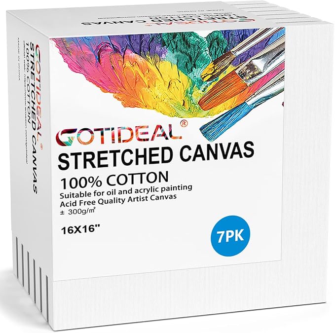 GOTIDEAL Stretched Canvases for Painting, 16x16 Inch Set of 7, Primed White by GOTIDEAL