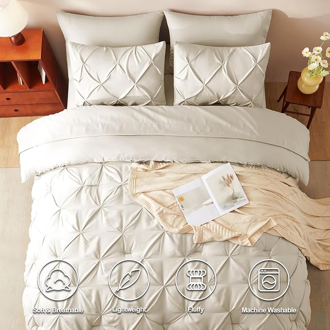 HIMEET Pintuck Bed in a Bag, 7 Pieces King Size Comforter Set Beige, Luxury - Image 2