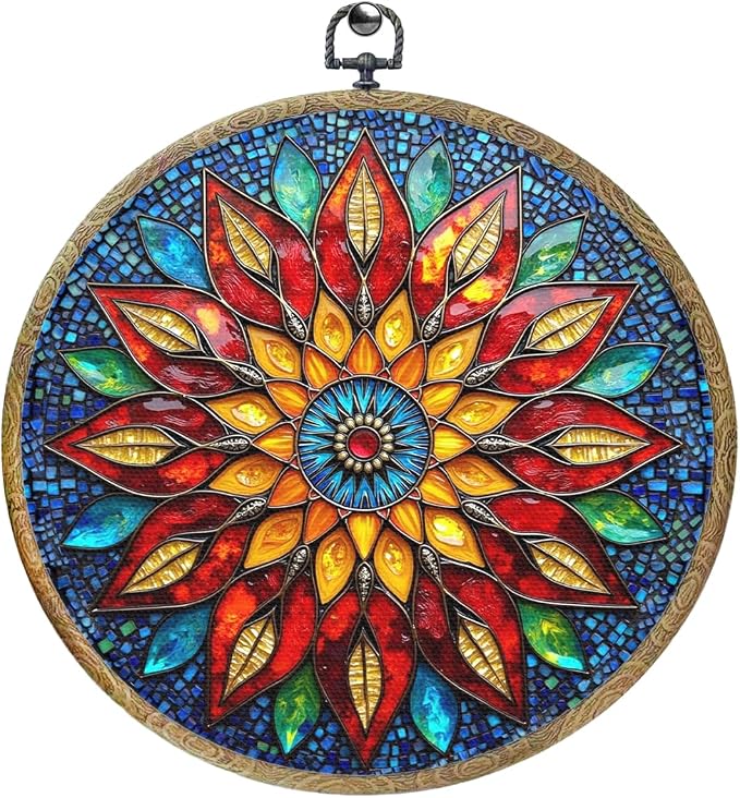 Colorful Geometric Mandala Framed Round Wall Decor Canvas Wall Art Hanging by Unknown