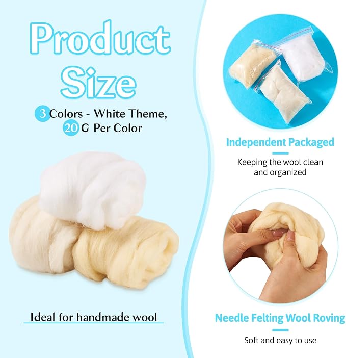 60G Needle Felting Wool White Wool Roving - Image 4