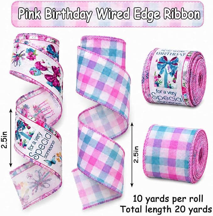 Birthday Wired Edge Ribbon, 2 Rolls 2.5 Inch x 10 Yards Each, Birthday Party - Image 3