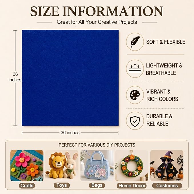 Royal Blue Large Felt Fabric 36" x 36", 1.4 mm Soft Felt Sheet, Nonwoven Fabric - Image 3