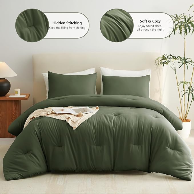 CozyLux Oversized King Comforter Set Olive Green, 3 Pieces 120x98 Solid - Image 2