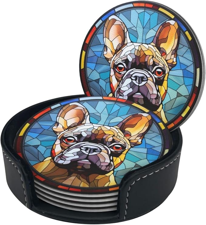 Drink Coaster Set of 6, French Bulldog Dog Mom Lover Gift, Leather Drink - Image 3
