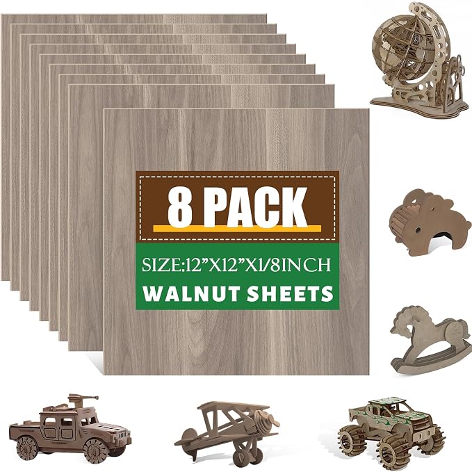 8 Pack Walnut Plywood Sheets 12x12x1/8 Inch, 3mm Plywood by ESRICH