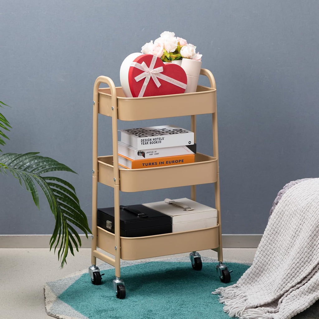 AGTEK Makeup Cart, Movable Rolling Organizer Cart, 3 Tier Metal Utility Cart with Lockable Wheels for Home & Office, Golden