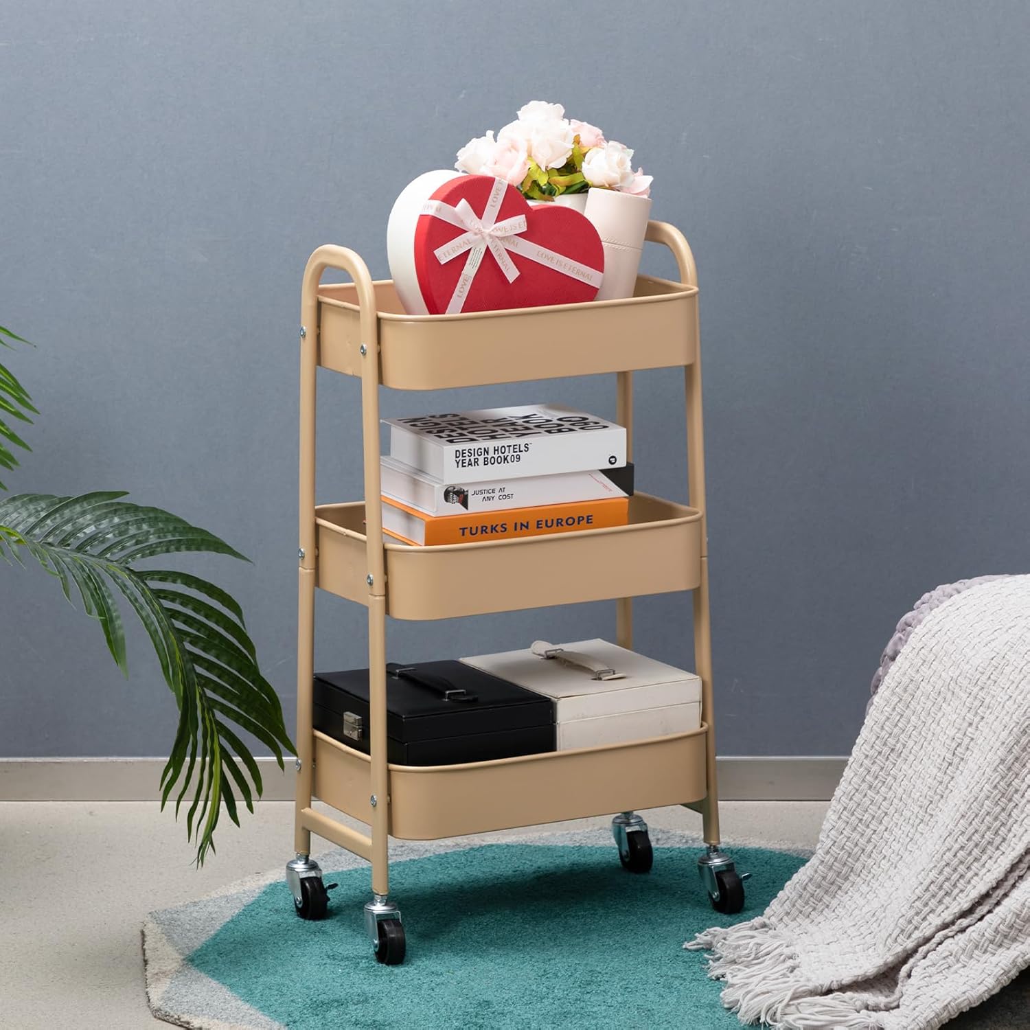 AGTEK Makeup Cart, Movable Rolling Organizer Cart, 3 Tier Metal Utility Cart with Lockable Wheels for Home & Office, Golden