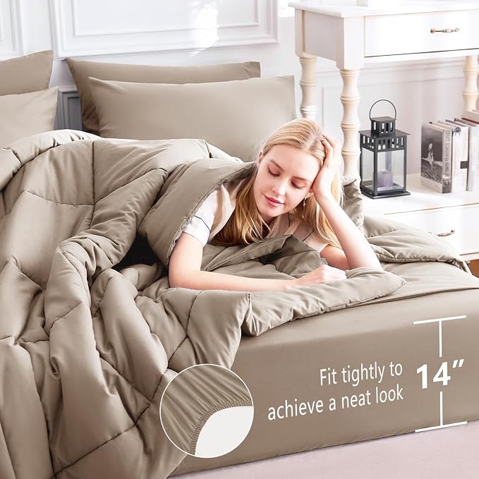 CozyLux Queen Comforter Set Khaki, 7 Pieces Bed in a Bag, Khaki Comforters - Image 5