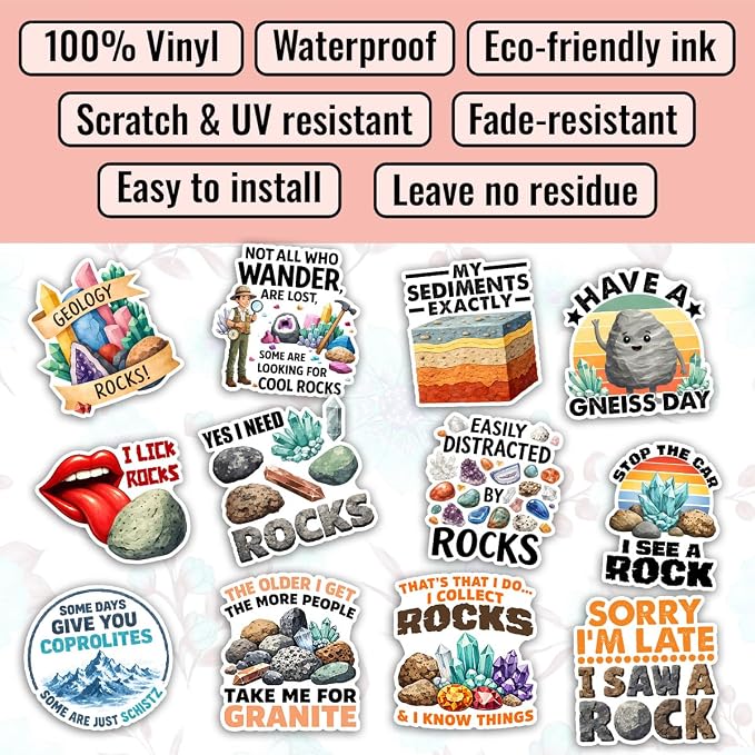 TODOLIA Rockhound Rockhounding Sticker Pack, Geology Gemstones Crystals Geodes - Image 3