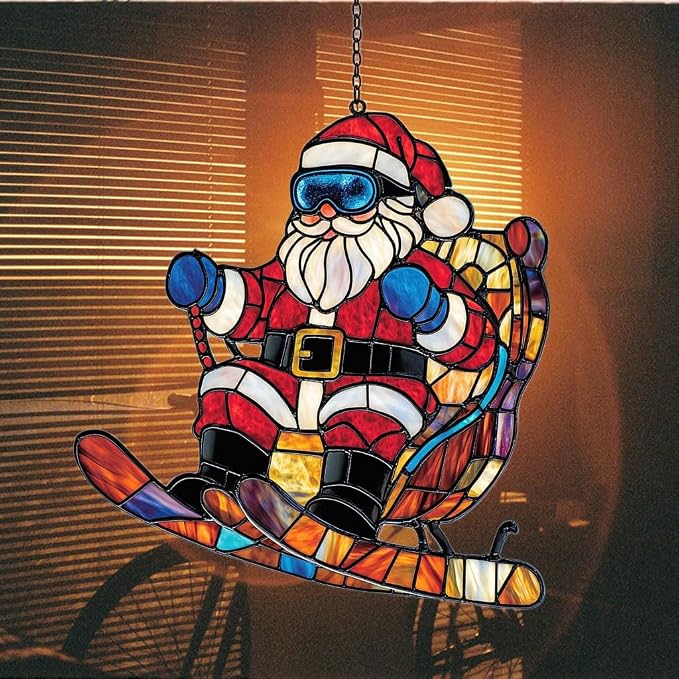 Funny Santa Claus Skiing Acrylic Suncatcher Stained Glass Effect Window Car - Image 7