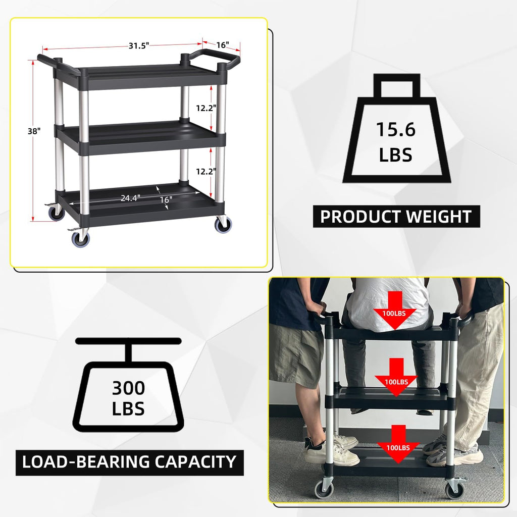 Plastic Utility Carts with Wheels, 3-Tier Rolling Service Cart, 300 lbs Heavy Duty Capacity with 4 inch Silent Casters(2 Lockable), for Home, Office, Restaurant, Warehouse.31.5"× 16" × 38"