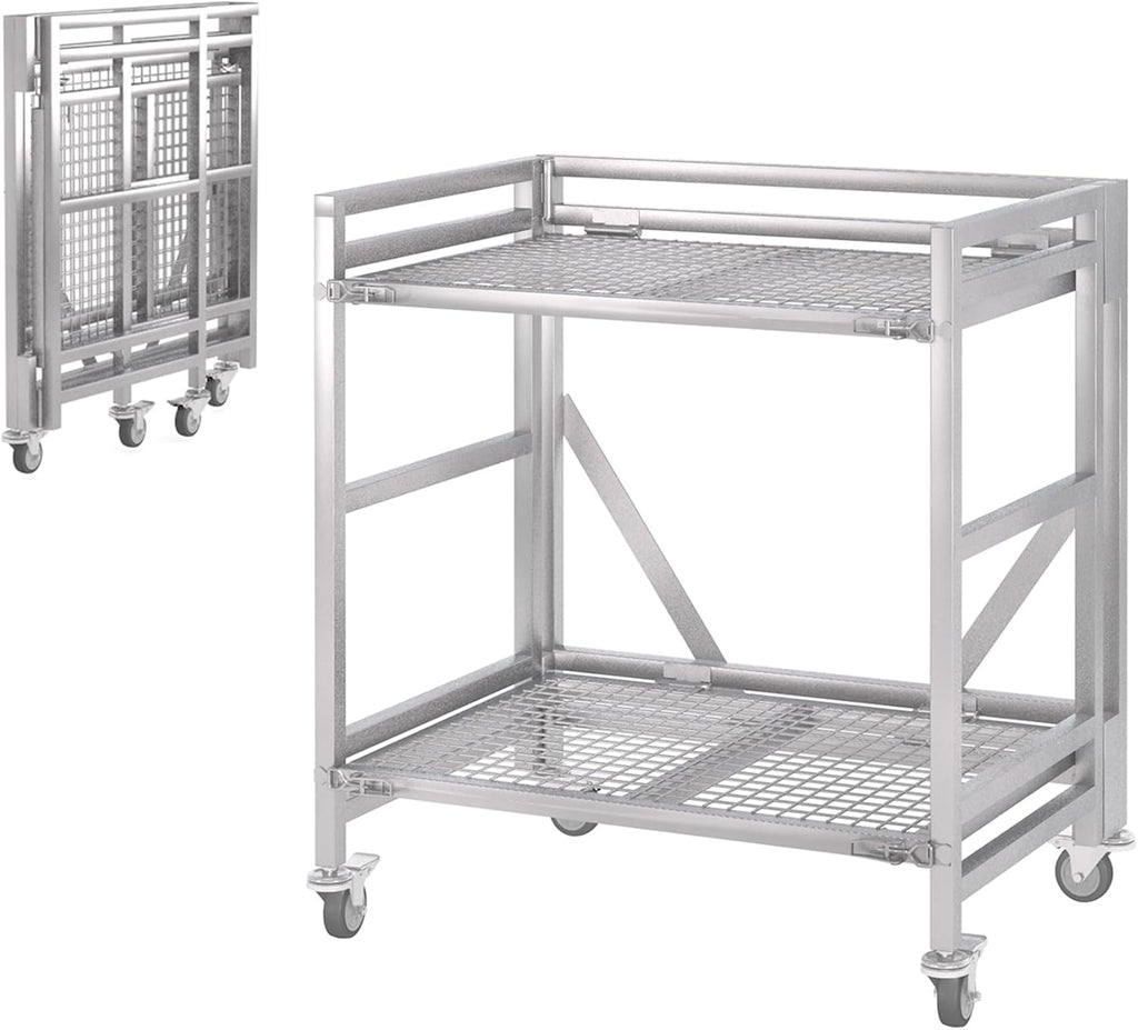 2 Shelf Rolling Cart with Wheels, 660lbs Capacity Collapsible Steel Rolling Utility Cart, Heavy-Duty Foldable Hand Truck, Metal Storage Carts with Handle for Groceries, Warehouse (36" Lx26 W)
