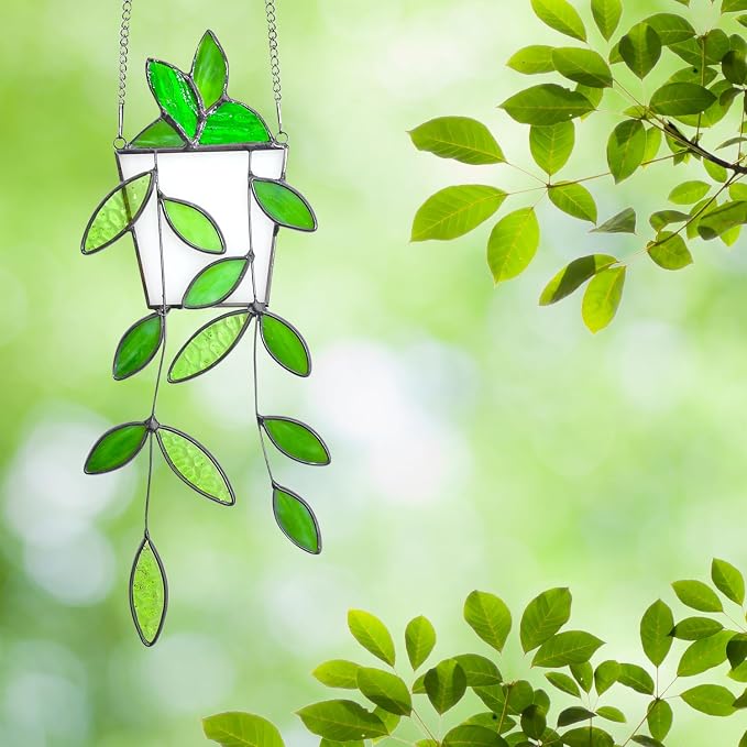 Fake Hanging Plants Greenery Stained Glass Plant Window Hanging Handmade Green - Image 6