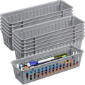 Domensi 12 Pack Slim Plastic Storage Baskets Tray for Organizing 10.25 x 3.25 x 2.5 Inch Small Narrow Storage Bins Stackable Drawer Pencil Trays Holder for Desk Garage Cabinet Containers(Gray)