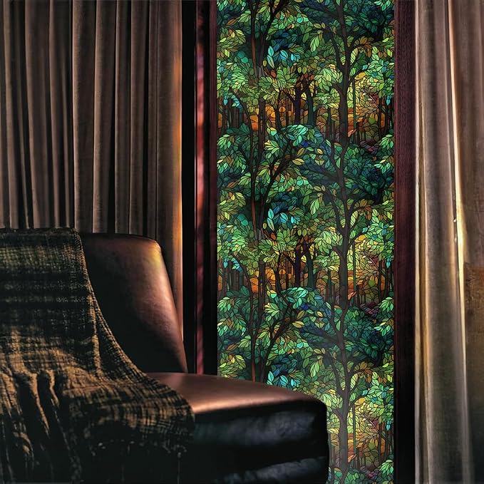 Green Brown Forest Tree Leaf Plant Vintage Stained Glass Window Films - Image 2