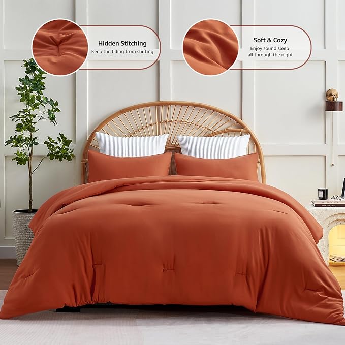 CozyLux Terracotta King Size Comforter Set, 3 Pieces Burnt Orange Rust Solid - Image 3