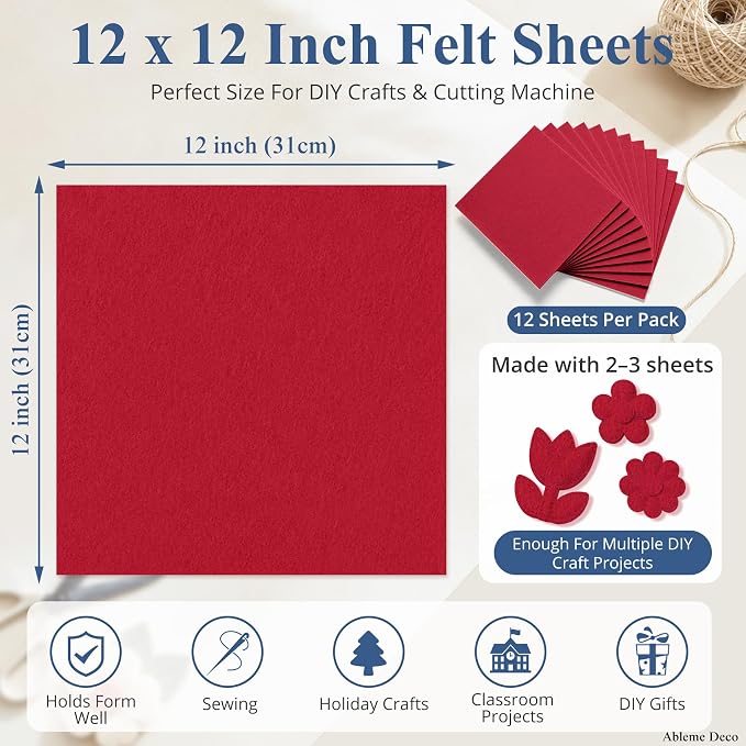 12" x 12" Felt Sheets for Crafts, 2mm Stiff Felt Fabric, Polyester Felt Squares - Image 3
