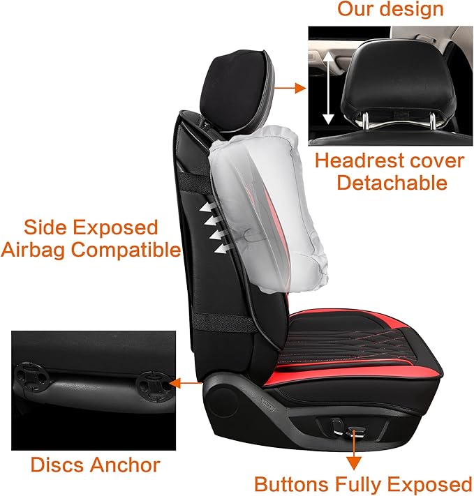 Pariitadin Leather Car Seat Covers Full Pair, Waterproof Faux Leather Seat Covers for Cars, Non-Slip Car Interior Covers Universal Fit for Most Cars Sedans Trucks SUVs, Black/Red Line